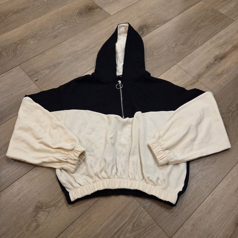 Zara 1/4 Zip Sweatshirt Cream/black Hoodie Cropped Colorblock Sz M