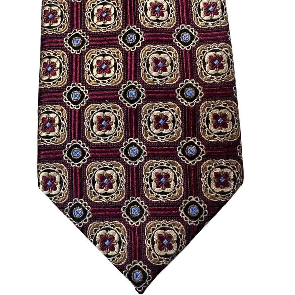 Jos. A. Bank Signature Collection Men Silk Tie Burgundy Gold Medallion Geometric