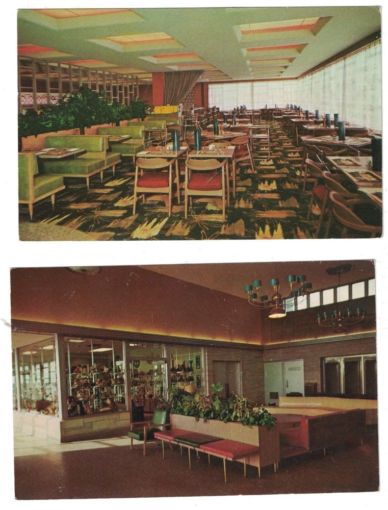 2 Vintage Dining Rooms Glass House Restaurant Indiana Toll Road Postcard