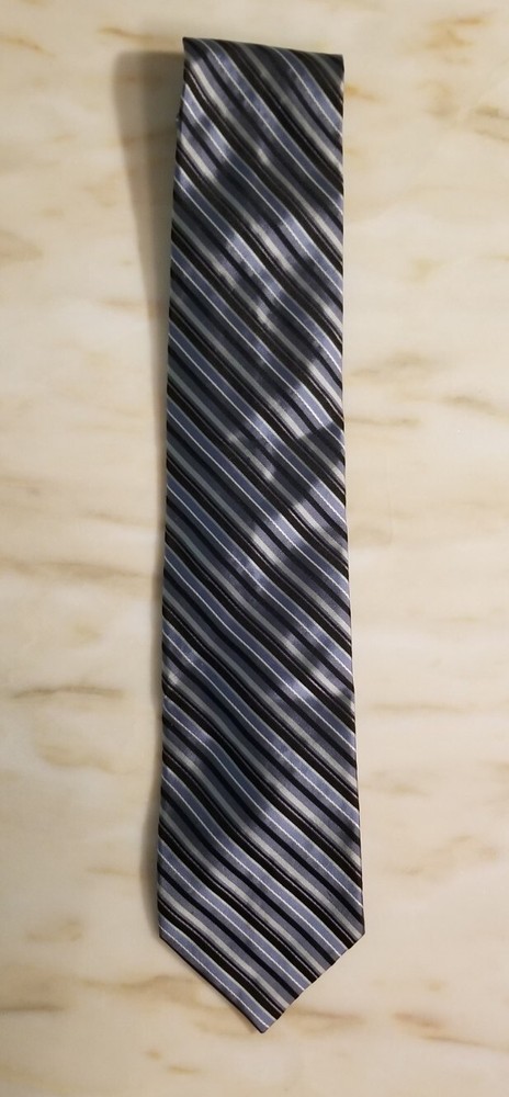 DKNY 100% Silk Tie Blue Silver Black Striped 56
