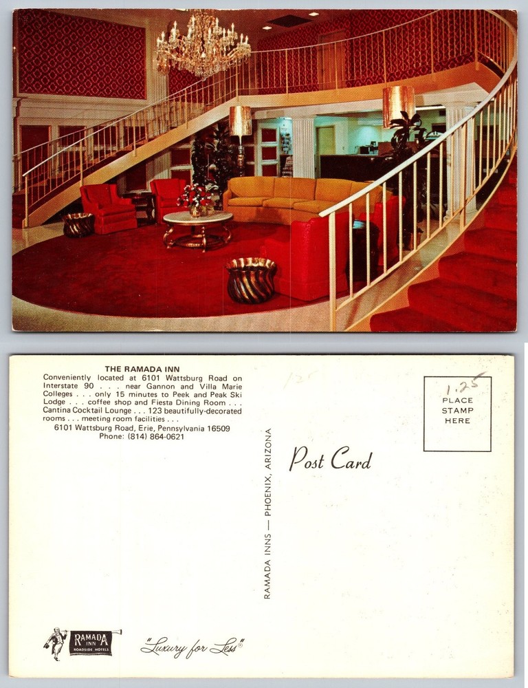 Ramada Inn Erie PA Postcard Grand Lobby Mid-Century Modern Chrome Vintage