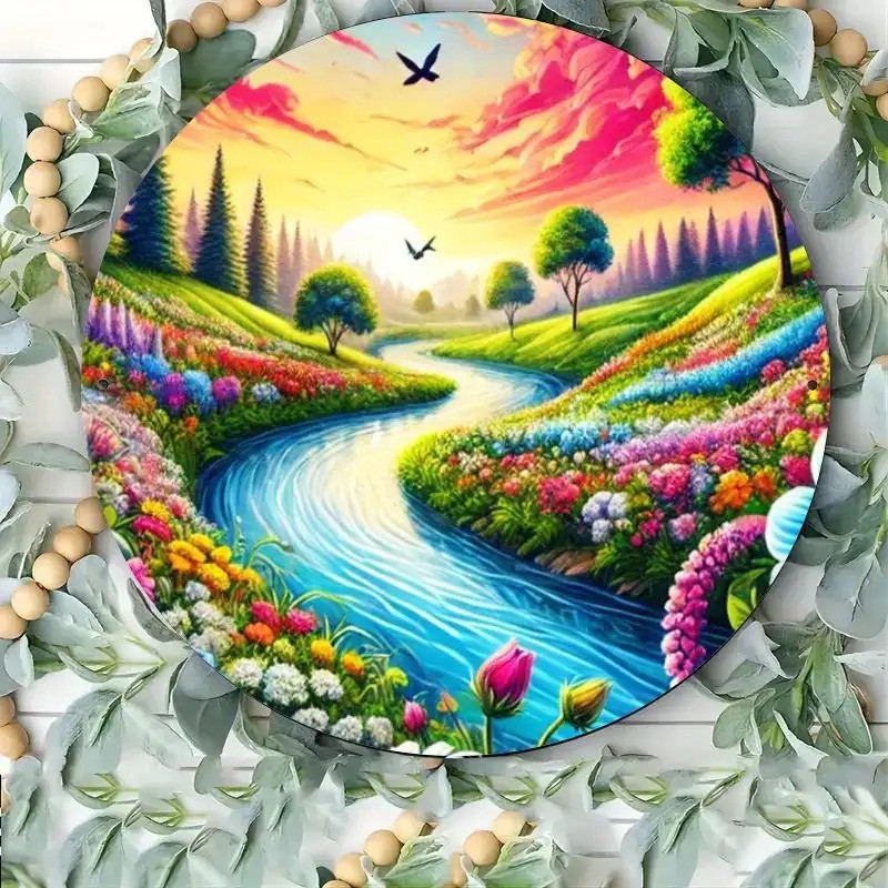 Spring Tulip Fields Round Aluminum Wall Art for Living Room Bedroom