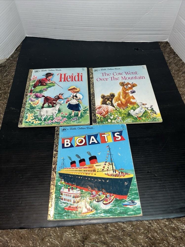 Lot of 3 Little Golden Books Mixed Lot Vintage Boats, Heidi, & The Cow Went Over