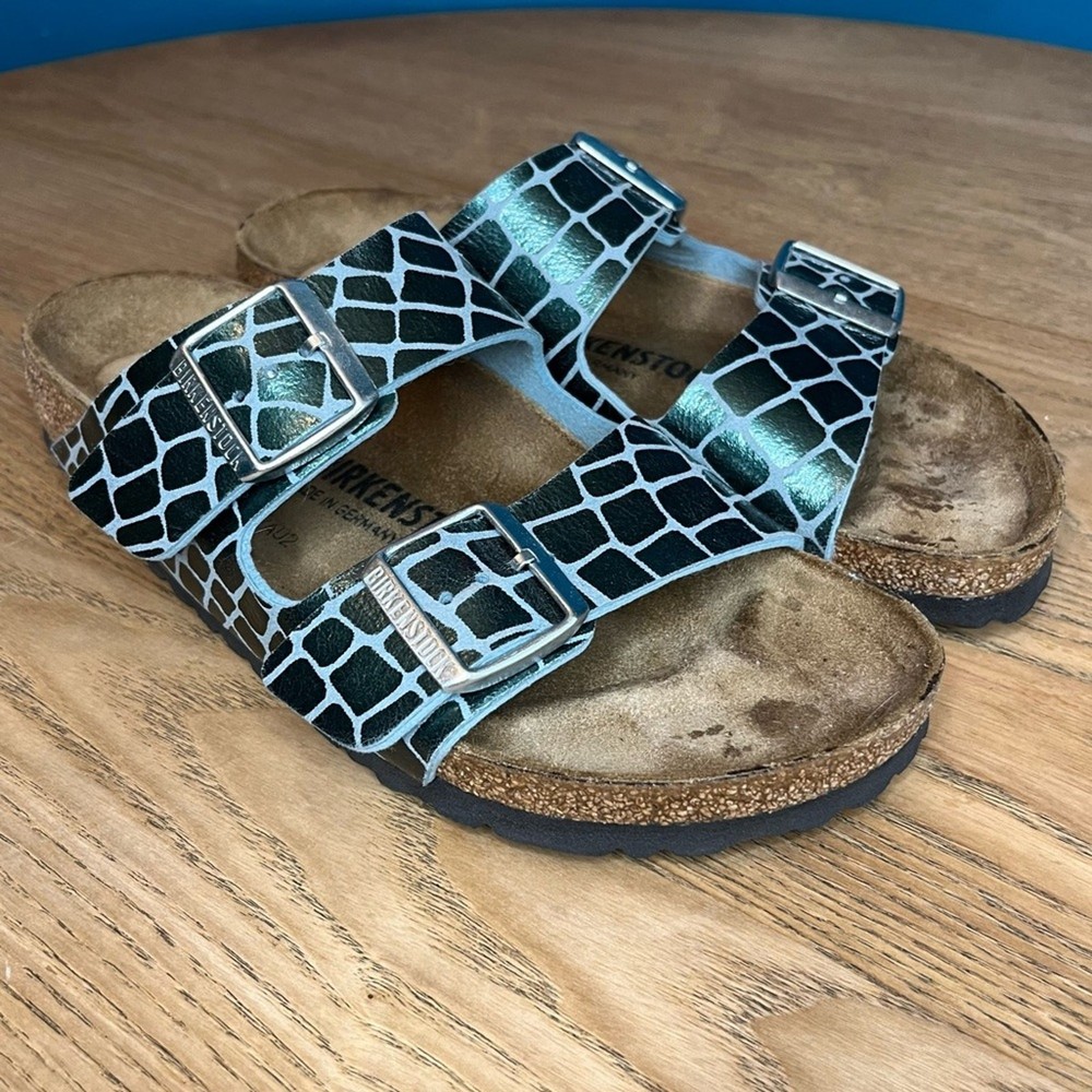 Birkenstock Arizona Birko-Flor Croc Embossed Slides Sandals Jade Gleam Women 7