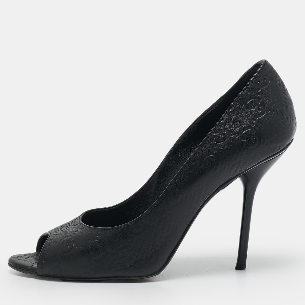 Gucci Black Guccissima Leather Peep Toe Pumps Size 38.5 Women's Heels