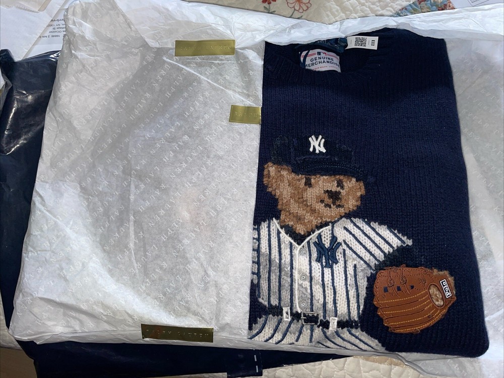 Men's Ralph Lauren Navy Wool Leather NY Yankees Bear Knit Sweater Woodbury