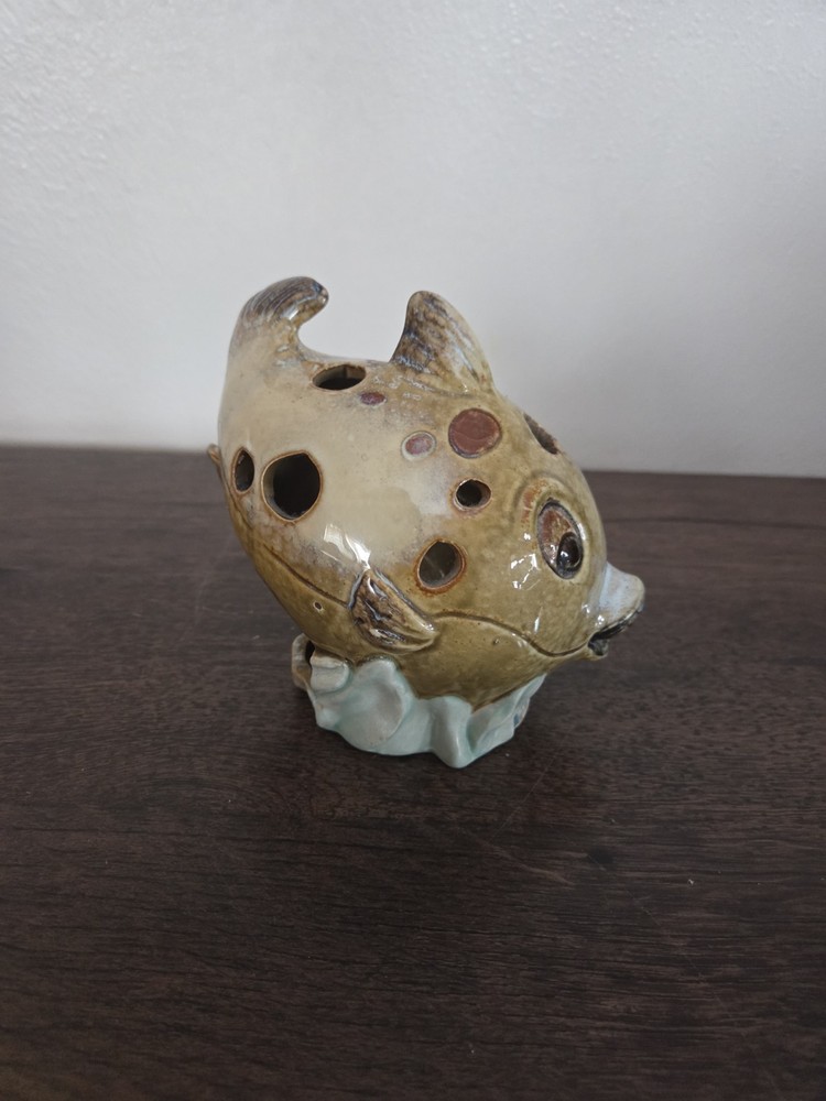 VTG Glazed Ceramic Pottery Fish Shaped Tea Light  Votive Candle Holder