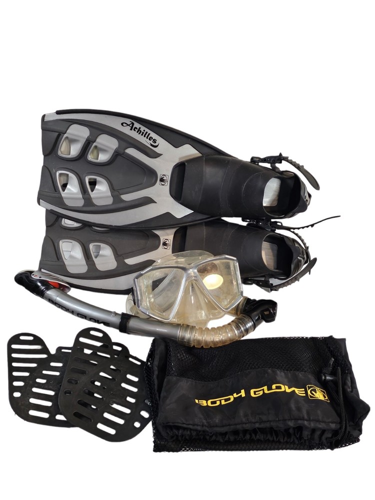 Body Glove Achilles Swim Fins Goggles Snorkel Bag Set S/M  3-8 Silver Made Italy-image
