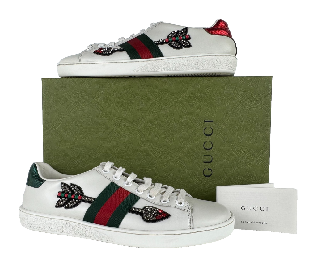 Gucci Women Ace Arrow White Leather Crystal Sneakers Size 7 US 37 EU with Box-image