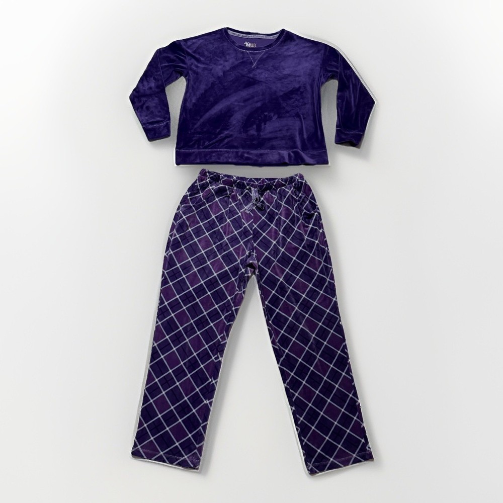 Muk Luks Silky Velour Novelty Pajama Set Purple Solid Top Diamond Pants Size PL
