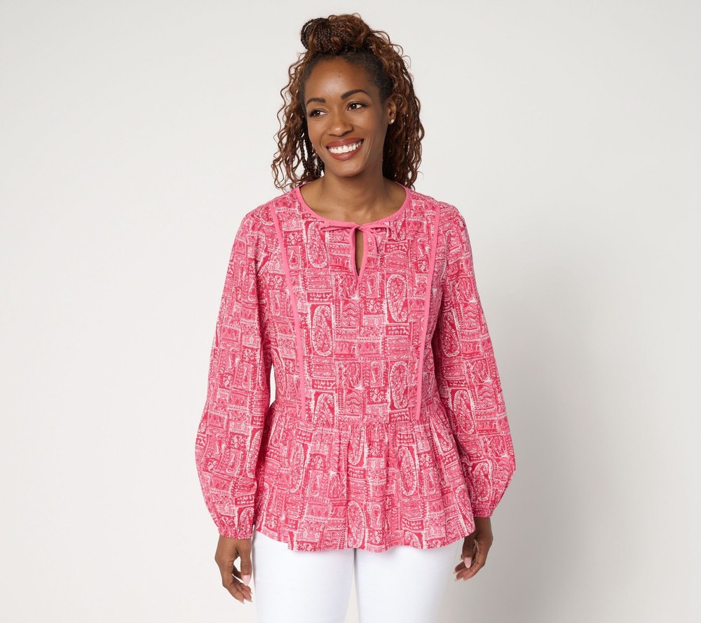 SUNNYLiFE Women's Top Sz L 100% Cotton Printed Tie Neck Blouse Pink A699008