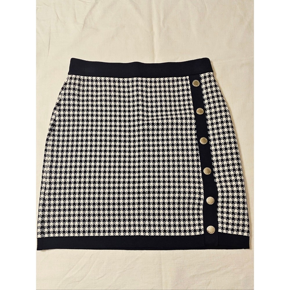 Michael Kors Houndstooth Knit Skirt Women Size Small Navy White Button Trim
