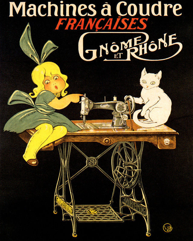 Poster French Sewing Machines Little Girl And White Cat Vintage Repro Free S/H