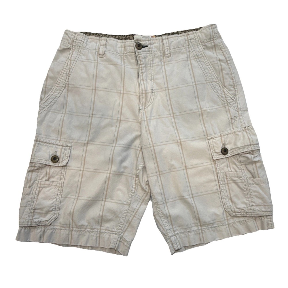 OP Ocean Pacific Men Cargo Shorts 34 Beige Plaid Cotton Casual