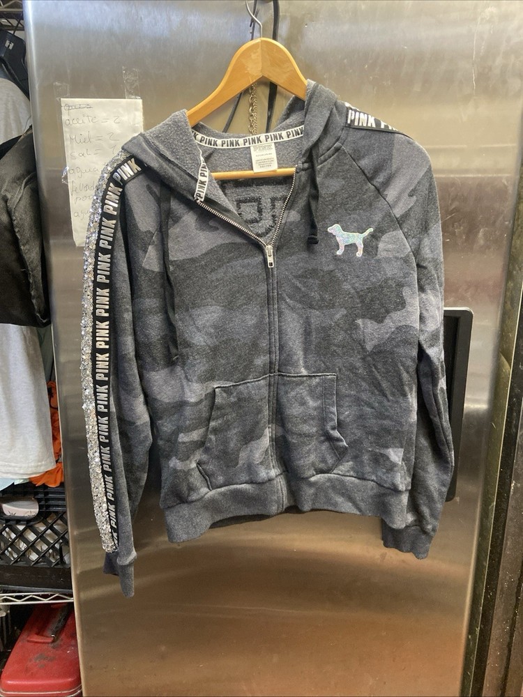 Victoria's Secret Pink Small Hoodie Sweatshirt Gray Camo Sequin Bling EUC