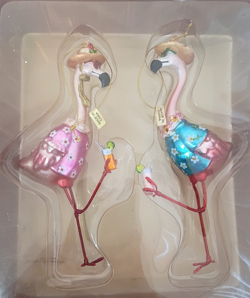 Katherine's Collection Flamingo Drinks Blown Glass Christmas Ornaments Set Of 2