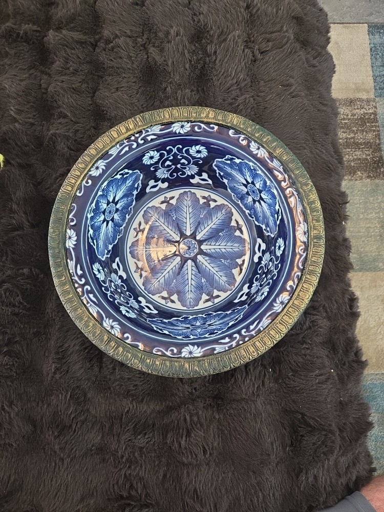 Bombay Co. Large Blue & White Porcelain Chinoiserie Bowl with Brass Trim & Feet