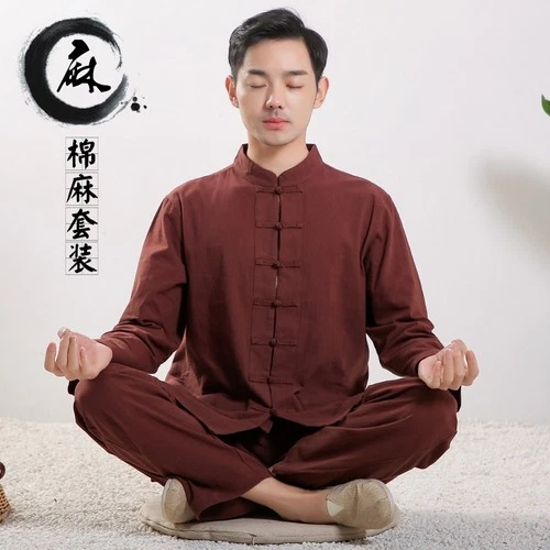 Chinese Tang Suit Linen Hanfu Traditional Cardigan Tai Chi Kung Fu Uniform Set