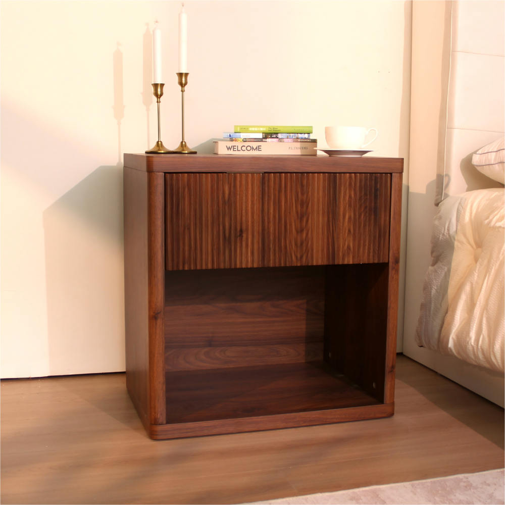 Walnut Fluted Nightstand with Drawer Mid Century Modern Storage Bed Side Table