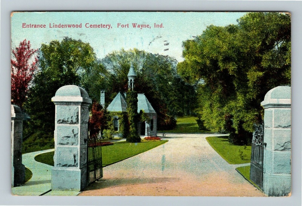 Fort Wayne Indiana, ENTRANCE LINDENWOOD CEMETERY, c1909 Vintage Postcard