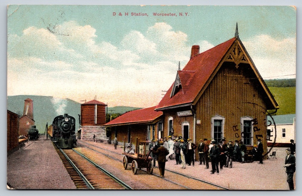 D&H Delaware & Hudson Station Worcester New York Postcard 1910s Railroad Engine