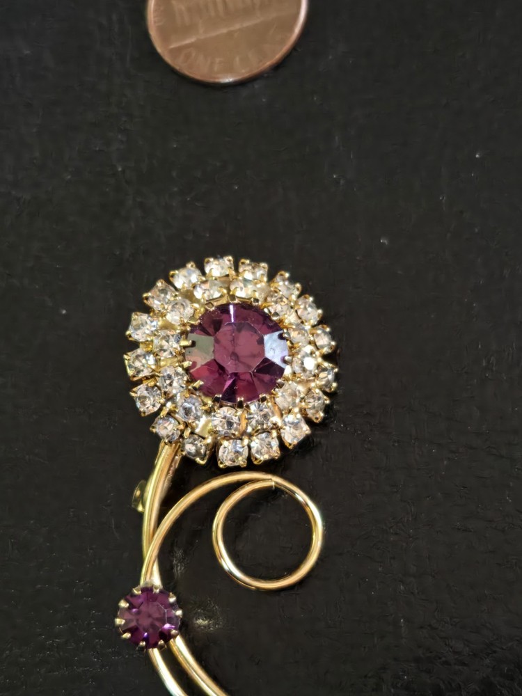 Vintage Purple Rhinestone Flower Brooch, Prong Set, Gold Tone Setting Lapel Pin