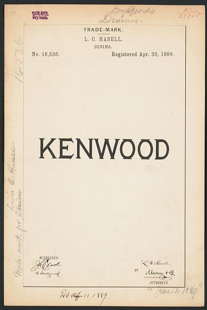Photo:1889 L C Hasell Kenwood Denims Trademark Registration```