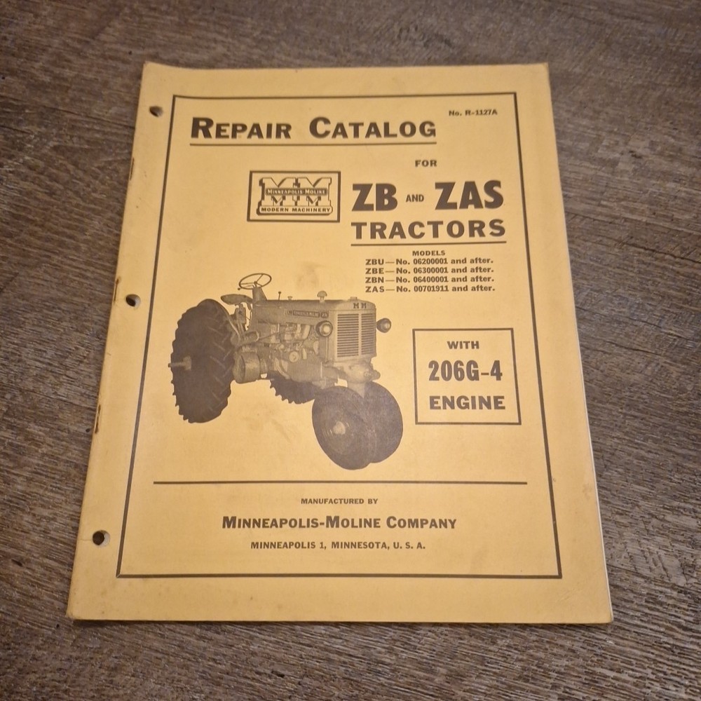 Minneapolis Moline Models ZB ZAS Tractors Dealer Repair Parts Catalog R-1127A
