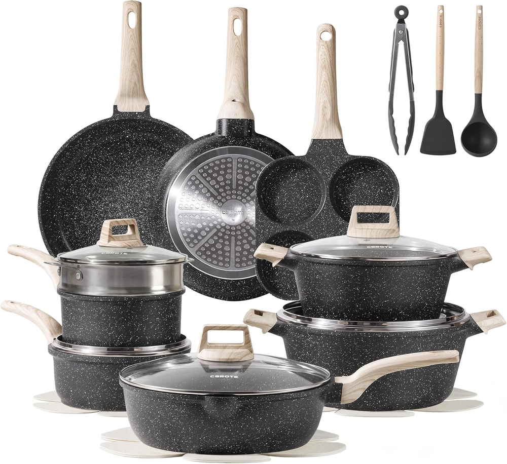 CAROTE 21Pcs Pots and Pans Set Nonstick, Cookware Set Black Granite Induction Ki