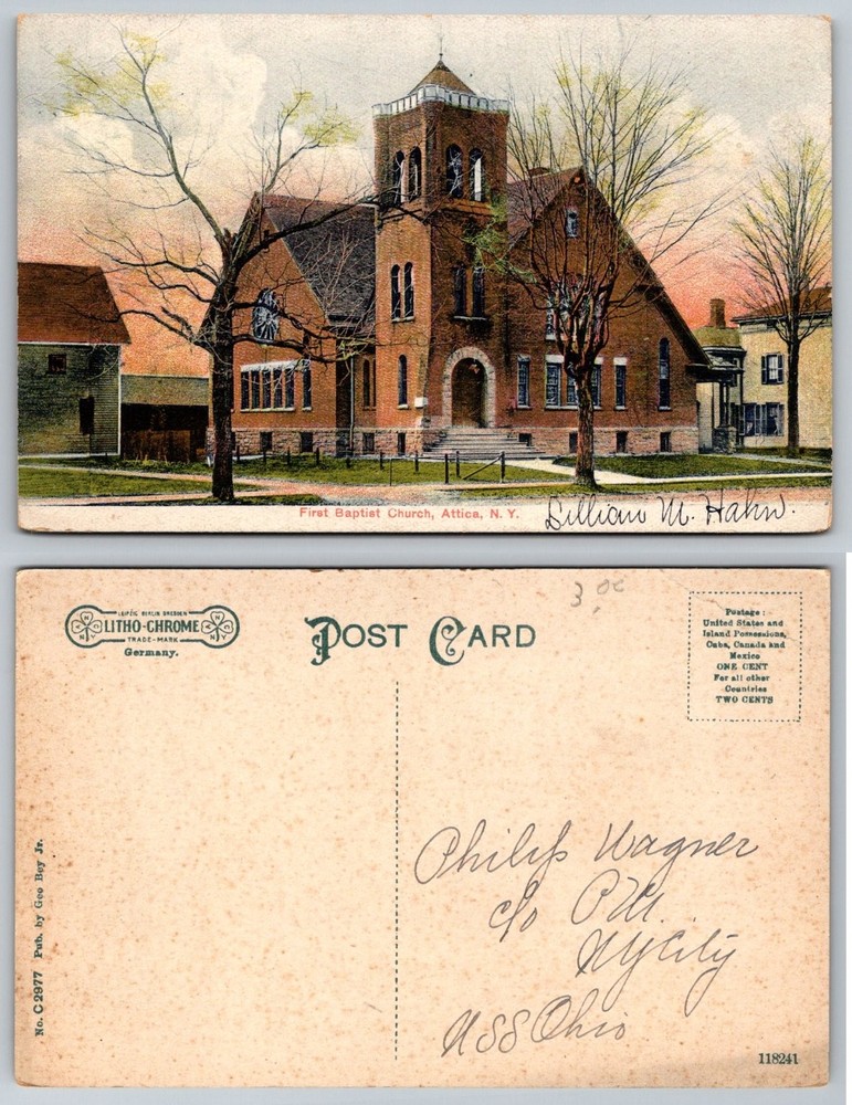 Attica NY First Baptist Church c1910 Litho-Chrome Postcard USS Ohio Mail