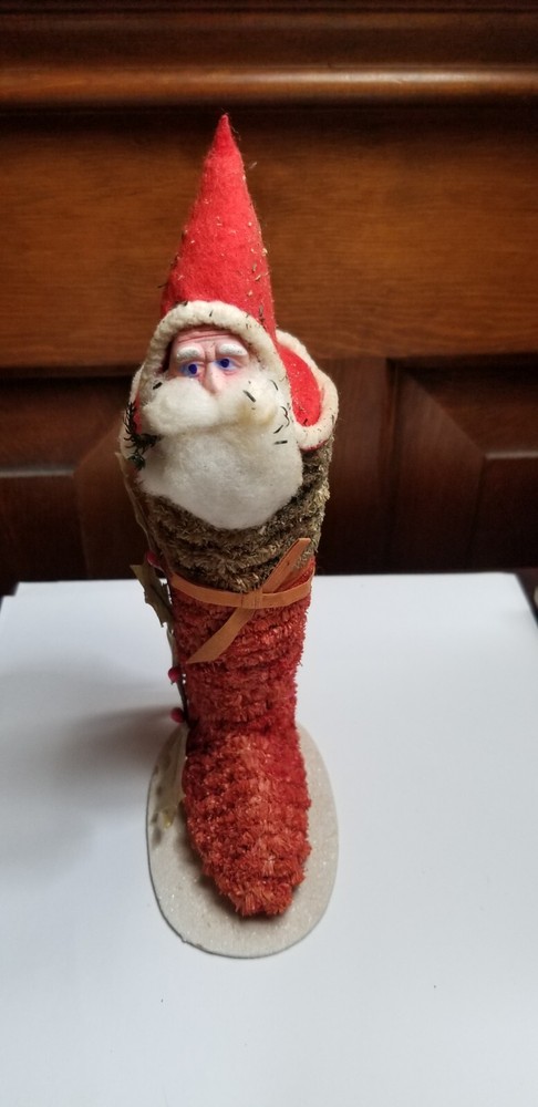 Antique Vintage Christmas clay face Santa chenille candy container boot ornament