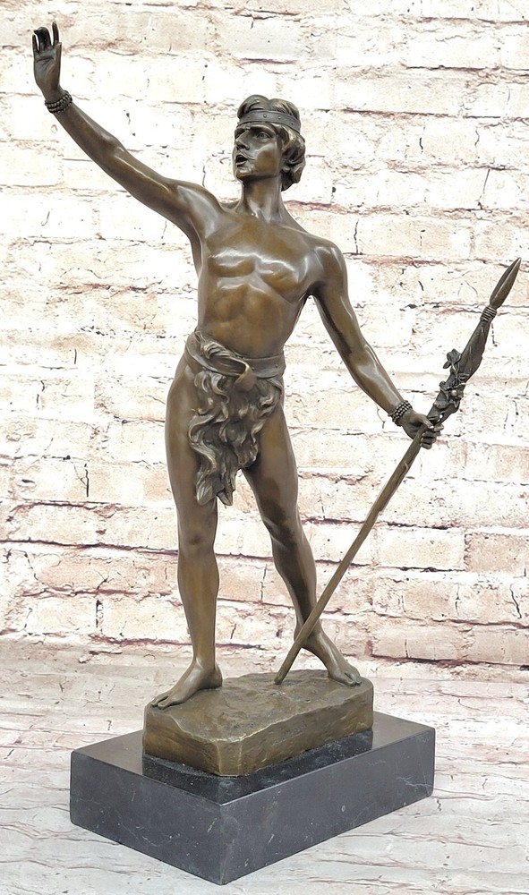 Art Deco Signed Warrior W Spear Bronze Statue Figurine Hot Cast Marble Base