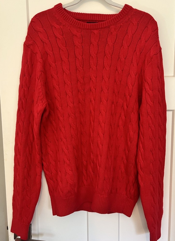 J Crew Men’s Large Crewneck Cable Knit Red Holiday Christmas Sweater 100% Cotton