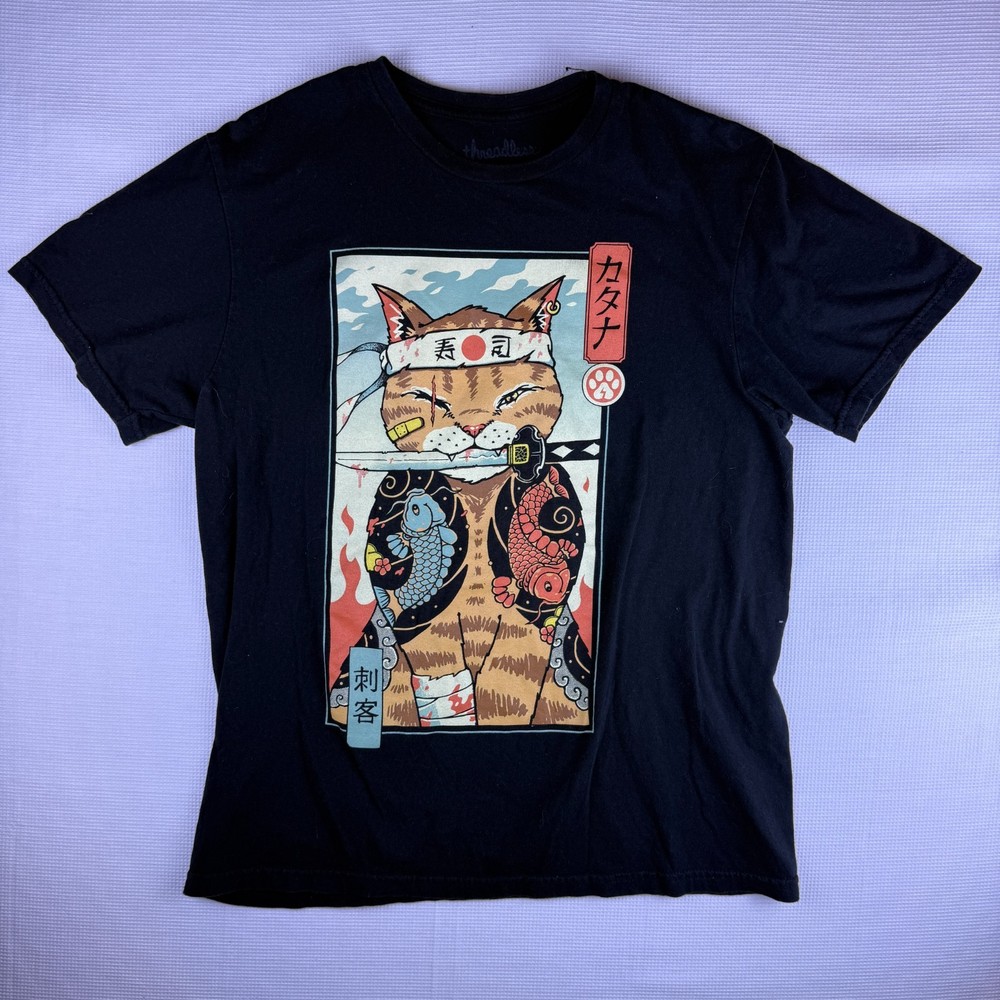 Threadless Japan Cat Sushi T-Shirt Mens Medium Short Sleeve Black Vincent