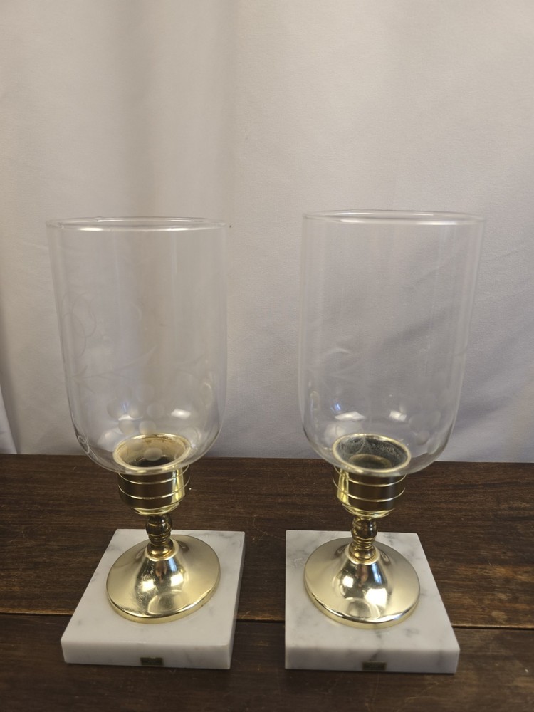 Set Of 2 Hurricane Etched Glass W/Marble & Brass Candle Holders Stands Italy