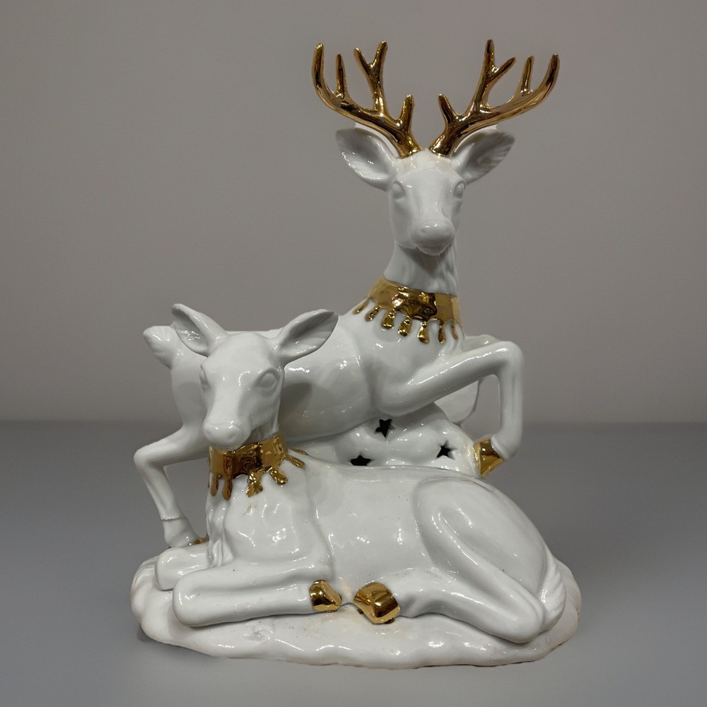 Vtg Porcelain Reindeer Couple Figurine White W/Gold Accent 90s Christmas Holiday-image