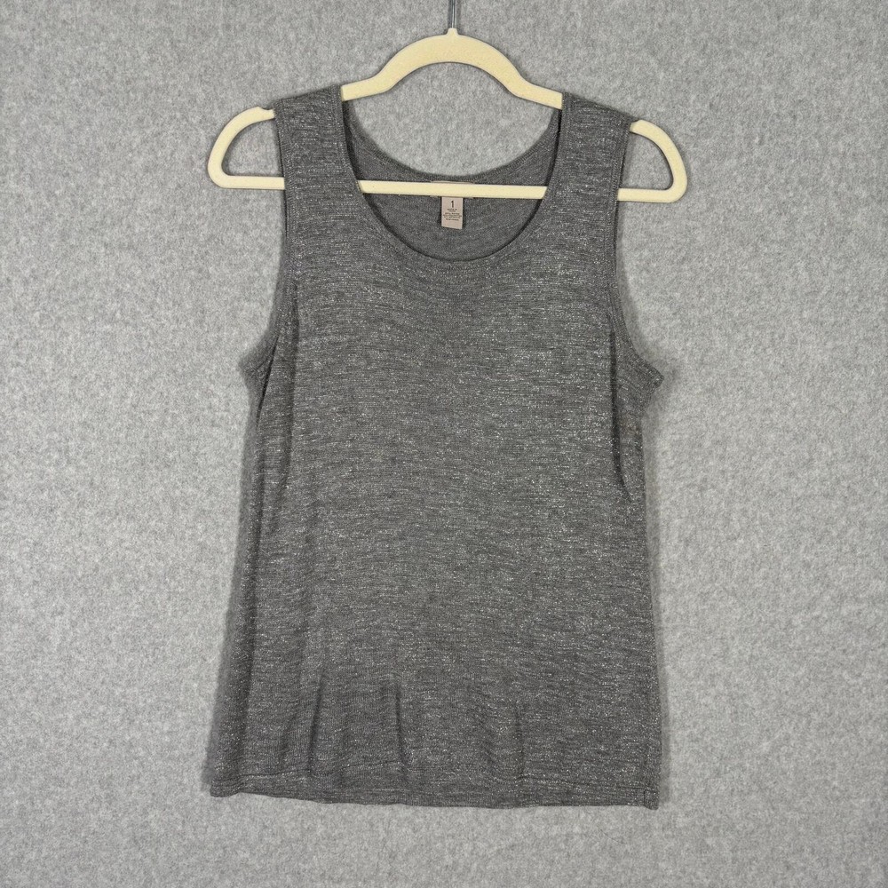 Chicos Easywear Tank Top Womens 1 Medium Gray Cami Knit Metallic Shimmer Basic