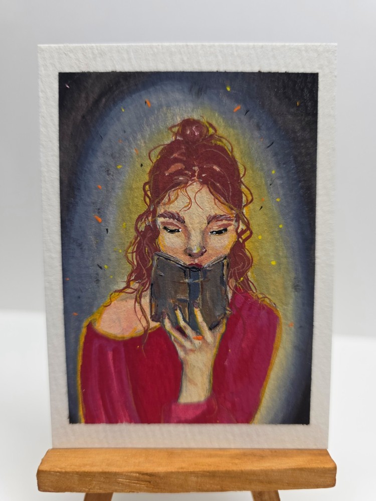 Original ACEO Book Reader Portrait Painting OOAK Fantasy Library Art Card