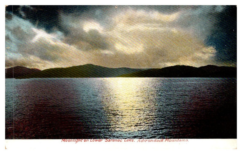 c1905 Night at Lower Saranac Lake Adirondack Mountains New York Vintage Postcard