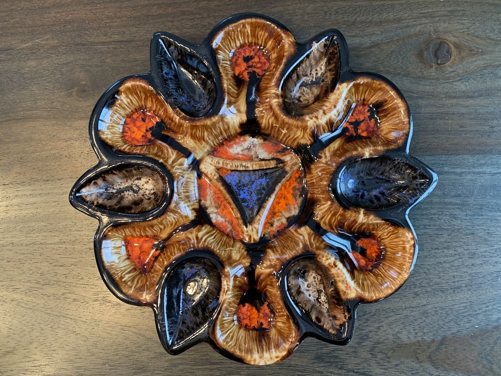 Handmade MCM Vintage Decorative Plate in Orange Blue Brown Mid-Century Design  