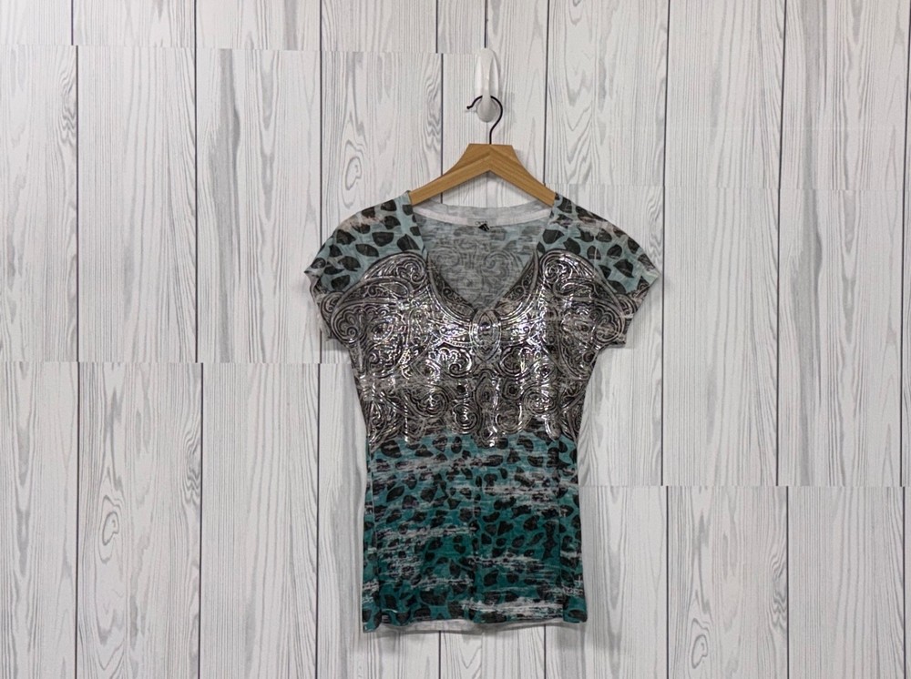 Cache top womens size small short sleeve patterned blouse stretch