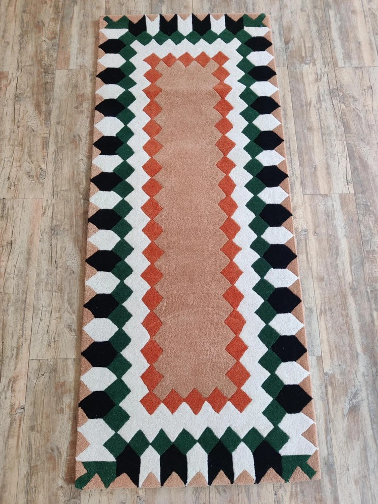 Geometric Handmade Wool Carpet, Beige Black Green Area Rug, Modern Tufted Wool
