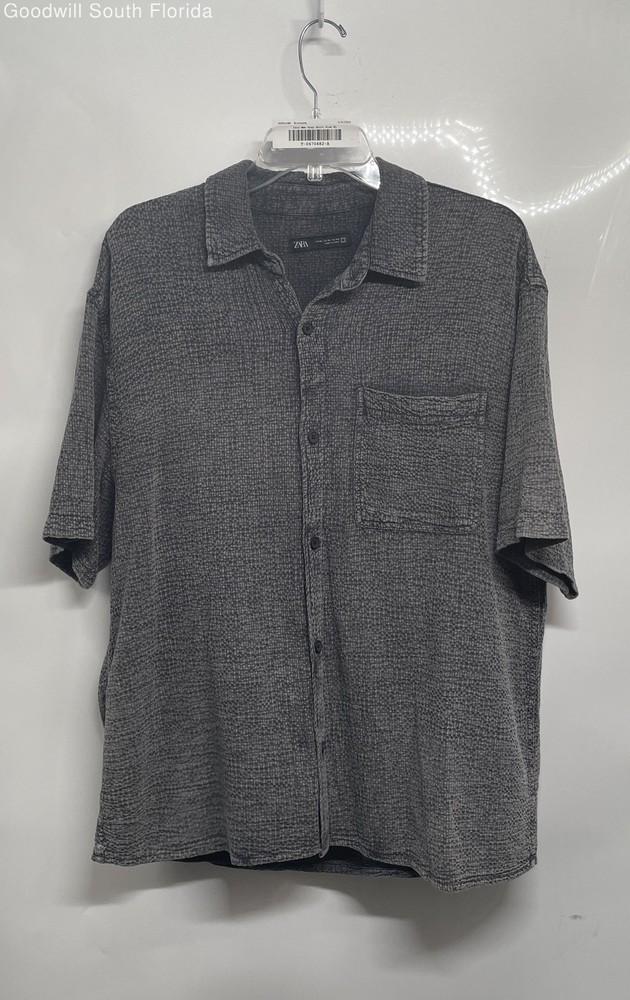 Zara Mens Gray Textured Short Sleeve Spread Collar Button-Up Shirt Size XL