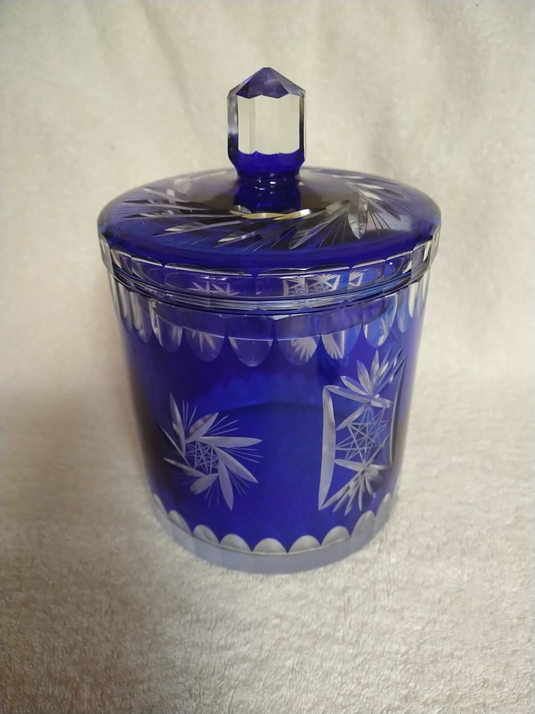 Bohemian Cut to Clear Cobalt Blue Large Biscuit Jar, Cannister, w/lid 9.5 inches
