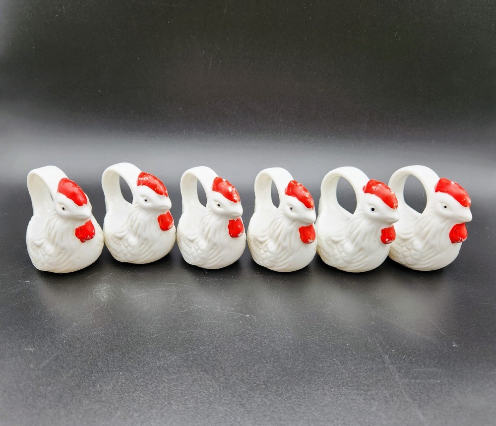 Vintage Ceramic Rosenthal-Netter Rooster Chicken Napkin Ring Holders Set of 6