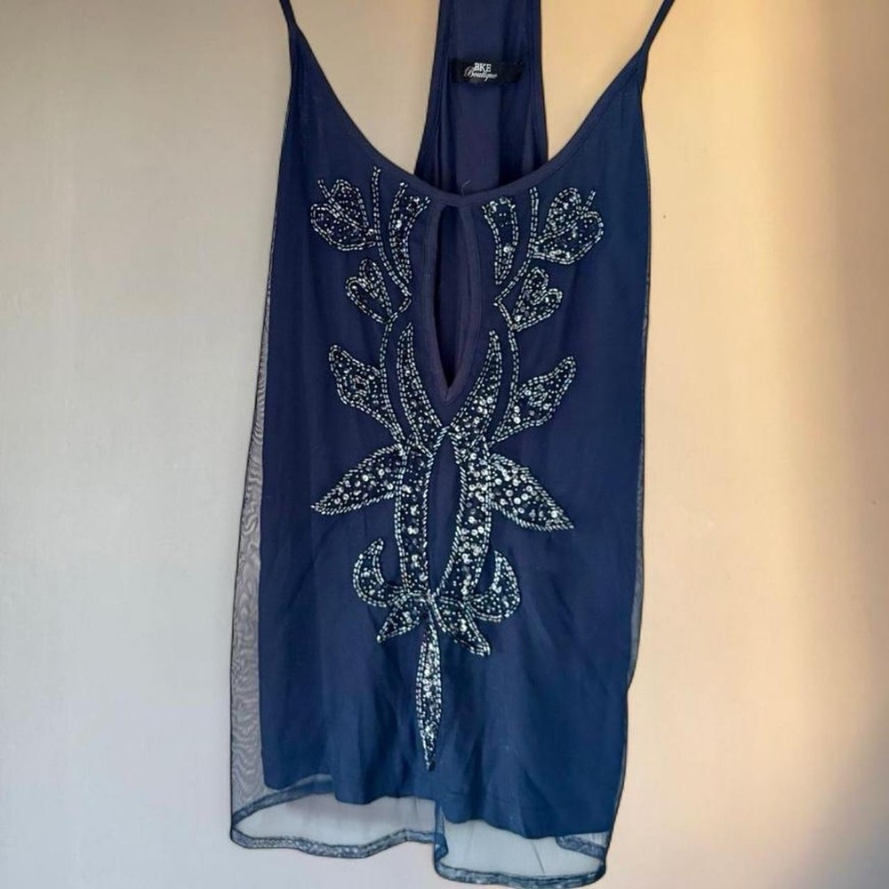 Vintage Y2K Fairy Navy Beaded Embroidered Racerback Small Going Out Tank Top