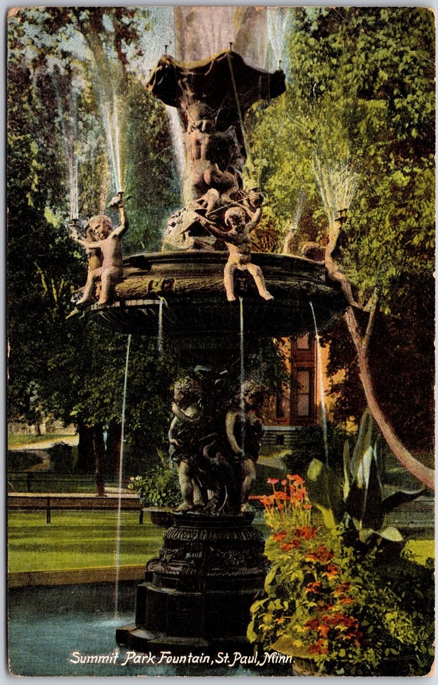 Saint Paul Minnesota MN, 1910 Summit Park Fountain, Statue, Nature, Postcard