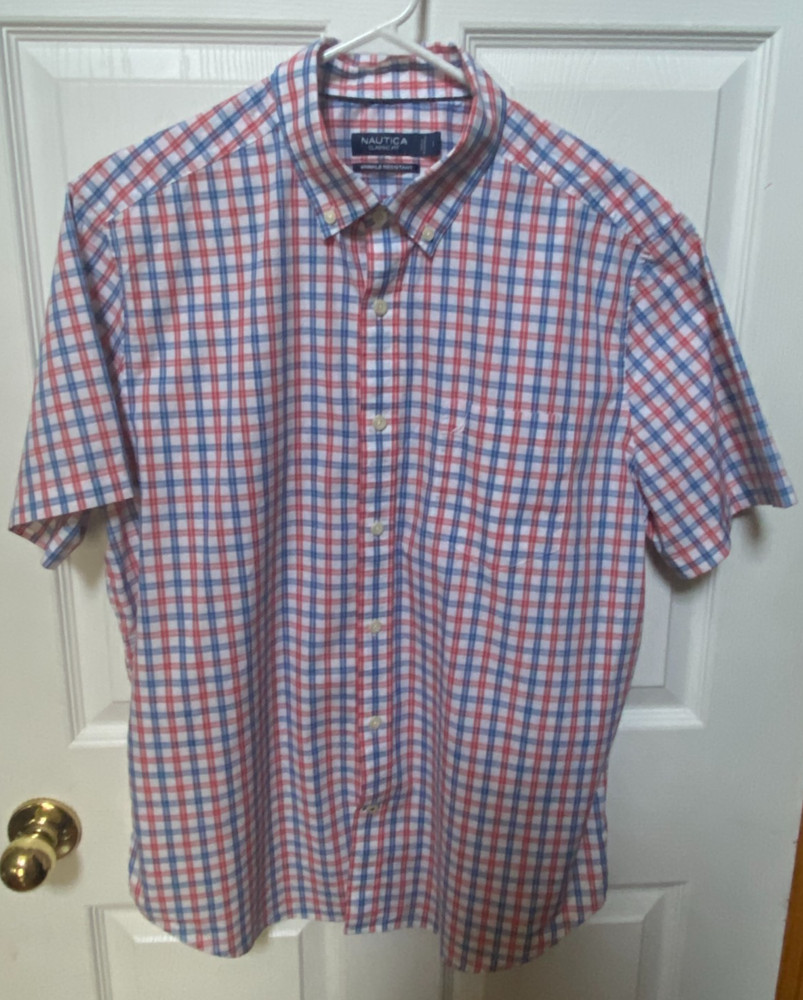 Nautica Shirt Classic Fit Short Sleeve Plaid Button Down Mens Large RedWhiteBlue