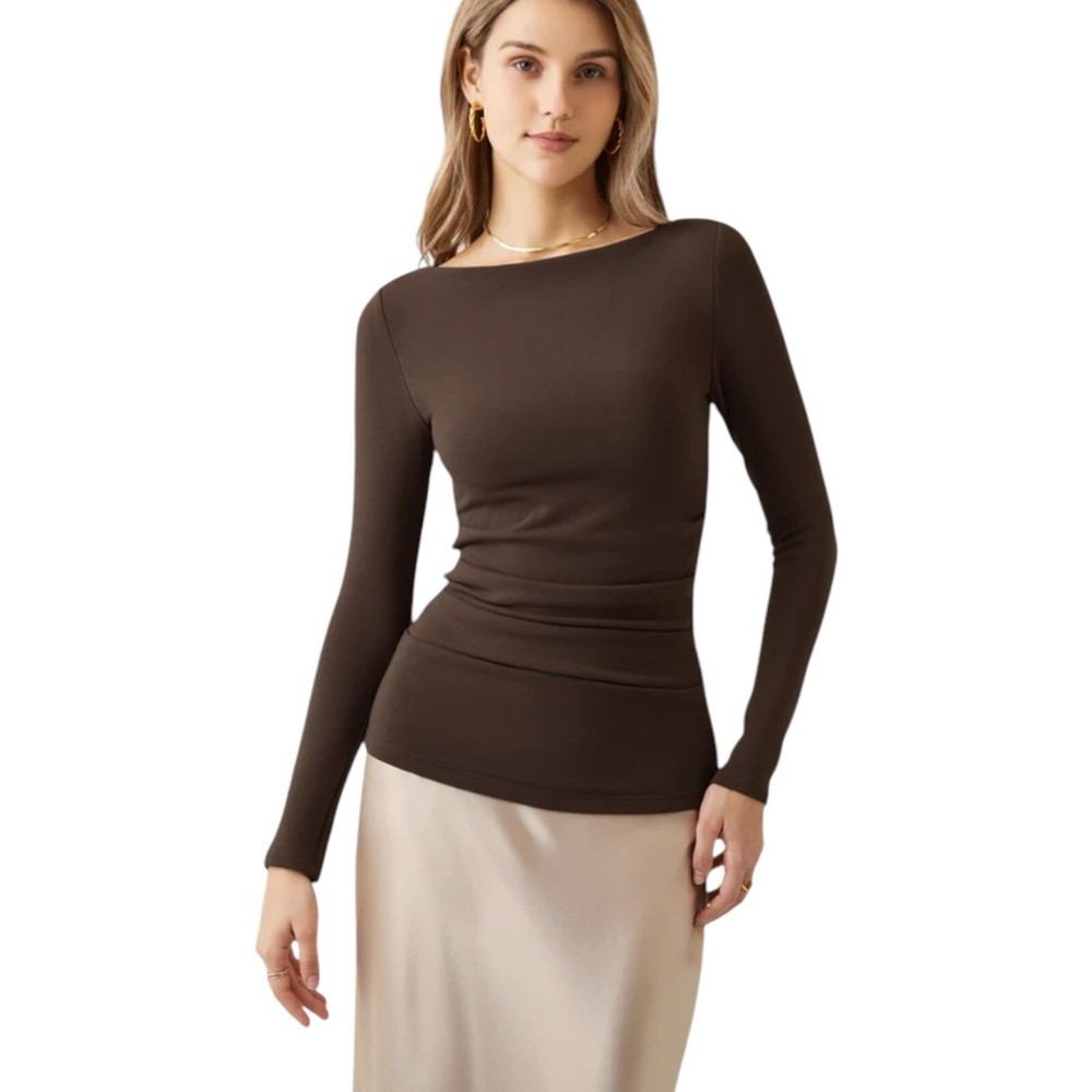 OGL Espresso Brown Mid Thermal Tucks Boat Neck Brami Long Sleeve Women Size S