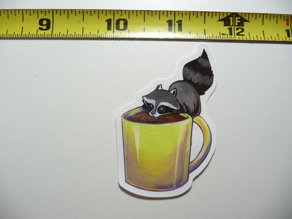 RACCOON DRINKING COFFEE DECAL STICKER WILD ANIMAL PET BANDIT MASKED